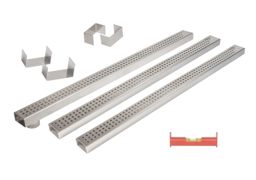 3er Rinnenset V2A superflach mit 1 Rinne mit Stutzen, 2 Rinnen geschlossen, 2 Endstücke, 2 Verbinder, 1 Dichtmittel, 1 Schnurwasserwaage